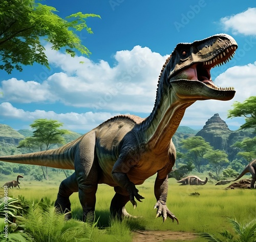 Dinosaurs in the Triassic period age in the green grass land and blue sky background, Habitat of dinosaur, history of world concept. © design