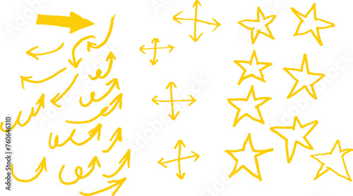 doodle effect set of arrows vector. crayon texture pencil effect. arrow texture stain set. emphasis, star, arrow mark element. Hand drawn stroke, Vector