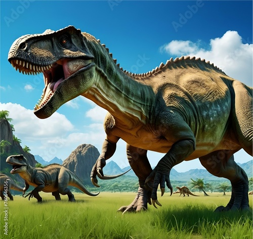 Dinosaurs in the Triassic period age in the green grass land and blue sky background  Habitat of dinosaur  history of world concept.