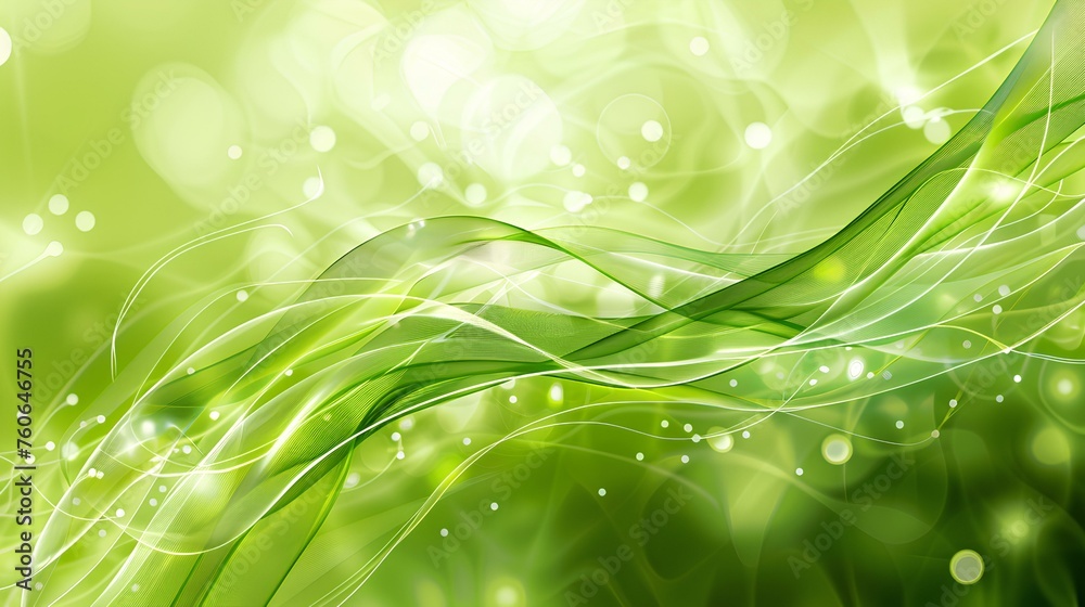 Obraz premium Green Wave Abstract: Illustration of bright, curved lines resembling waves on a green backdrop with hints of grass, evoking a sense of spring and nature's vibrant energy