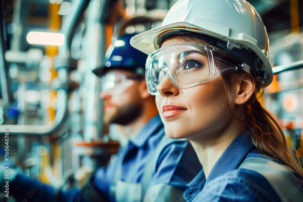 Portrait of a female engineer with a helmet looking focused in an industrial factory setting alongside a male colleague. Portrait of a female engineer with a helmet looking focused in an industrial factory setting alongside a male colleague.
