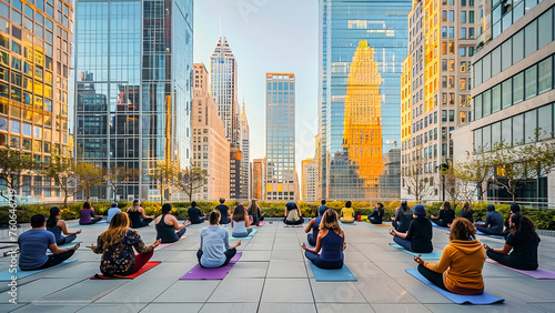 Fototapeta Naklejka Na Ścianę i Meble -  An urban yoga class during sunset with a tranquil group of people meditating in front of a city skyline.