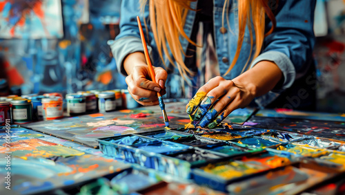 An artist's hands mixing colors on a vibrant palette, capturing the essence of creativity in art. photo
