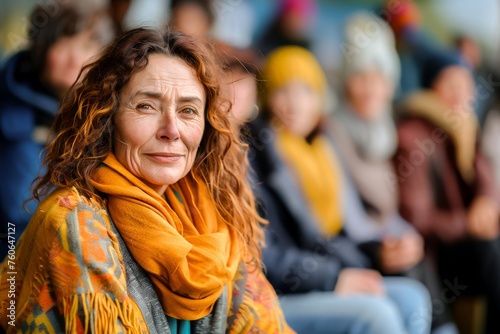 Portrait of a smiling middle-aged woman with an orange scarf, surrounded by a blurred crowd of spectators.