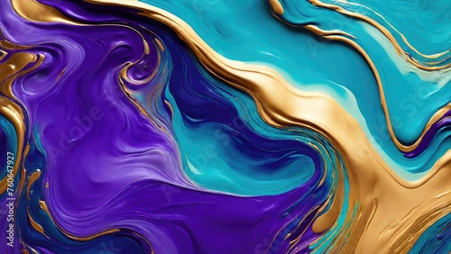 Abstract Purple Teal and gold gradient liquid paint flow background
