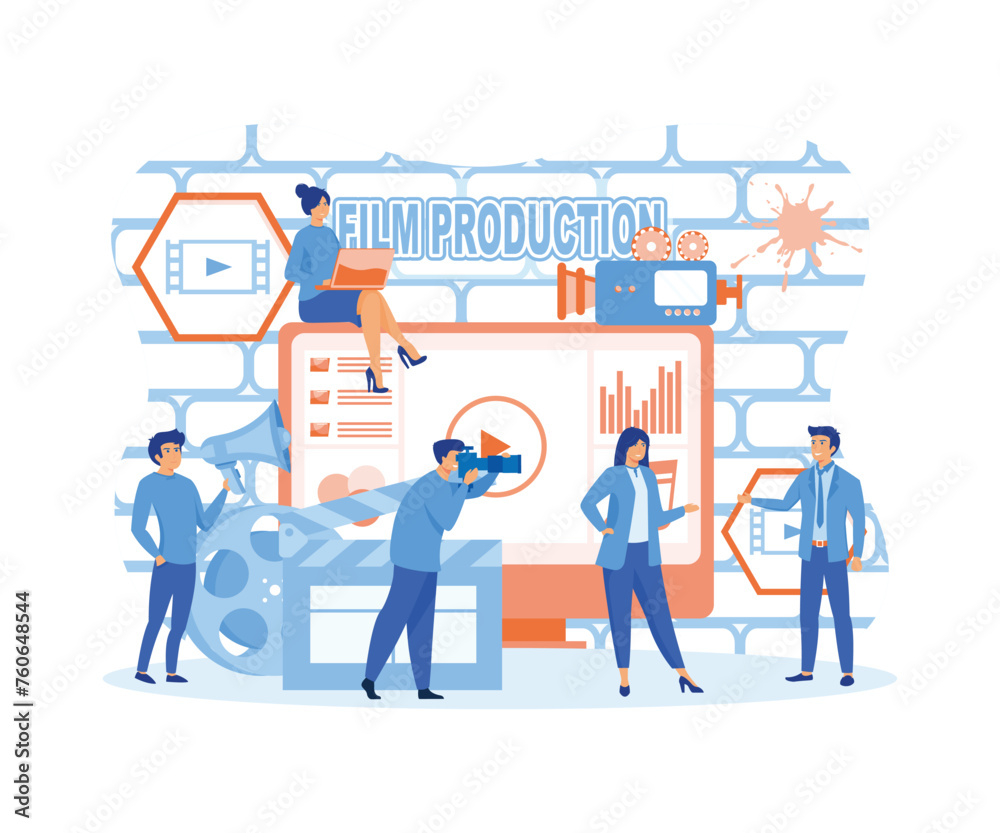 Film Production concept, people in the studio making a film, filmmaking online course can use for, landing page. flat vector modern illustration