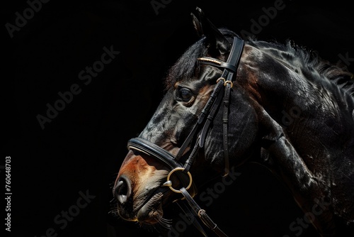 Elegant Sport Horse in Studio, Black Bay Thoroughbred Purebred Head Portrait against Neutral Background © Web