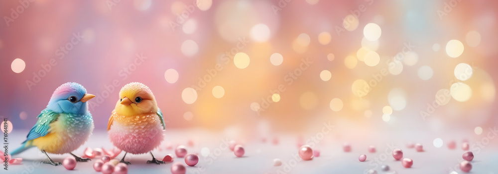 Colourful cute bird with crystal & blurred bokeh valentine christmas background. banner pastel color with copy space Colourful cute bird with crystal & blurred bokeh valentine christmas background. banner pastel color with copy space