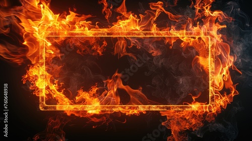 Fire Border Textured Background. Empty Frame Sign with Burning Flames. Stock Photo Image of Orange Fire Element for Banner or Signboard.