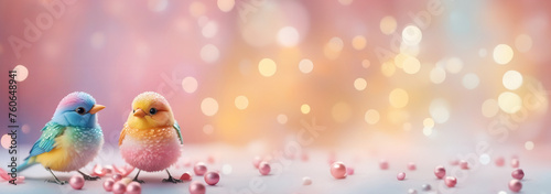 Colourful cute bird with crystal & blurred bokeh valentine christmas background. banner pastel color with copy space © Makkraw