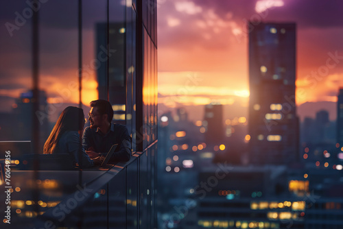 mirror reflection of A couple is talking dinning in front of a city skyline window. The sky is orange and the city is lit up with lights backgroundYoung couple enjoys cityscape at sunset, photo