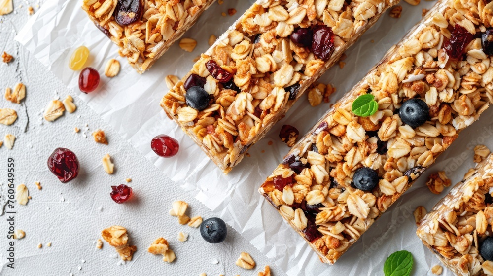 Homemade Granola Bars - Top View of Healthy Snack Made with Cereal and Protein for Energy Boost on White Baking Paper