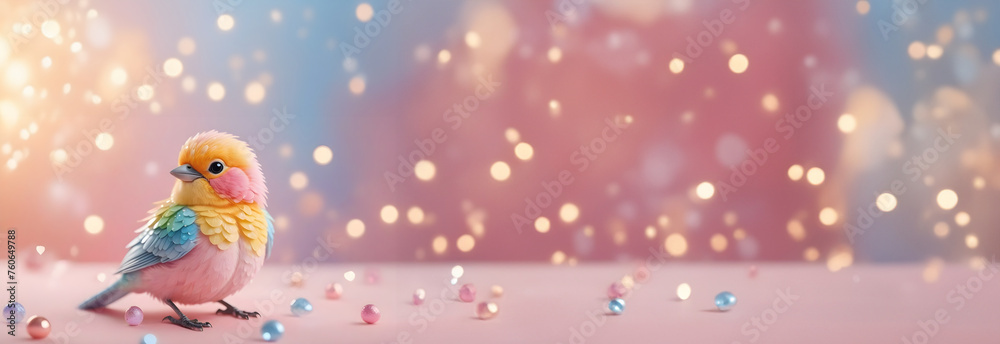 Colourful cute bird with crystal & blurred bokeh valentine christmas background. banner pastel color with copy space