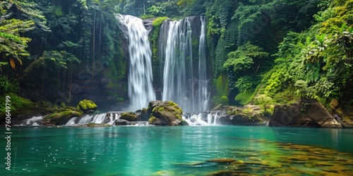 Jungle Waterfall Cascade in Tropical Rainforest with Rock and Turquoise Blue Pond - Banyumala: A Twin Waterfall in Mountain Slope