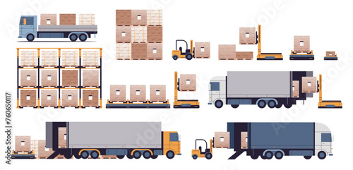 Warehouse element set on isolated background. Logistic and transportation icons in flat design