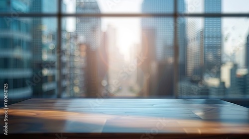 Wallpaper Mural Desk wooden table workplace on city megapolis skyscrapers wallpaper background Torontodigital.ca