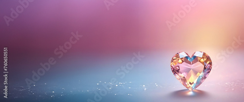 Crystal clear colourful heart with blurred bokeh valentine background. banner pastel color with copy space