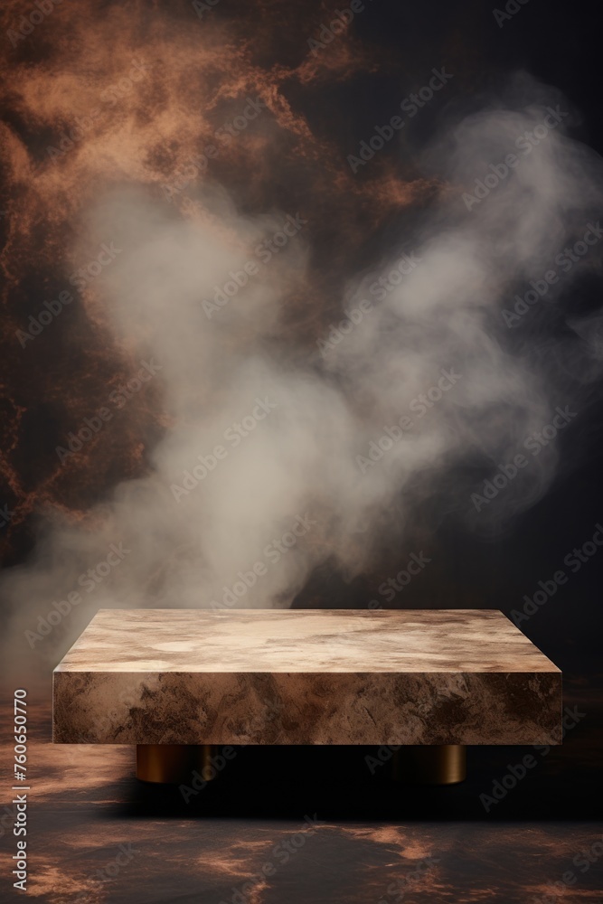 a large beige marble coffee table in the background, in the style of smokey background, mysterious atmosphere