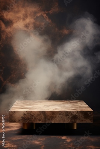 a large beige marble coffee table in the background, in the style of smokey background, mysterious atmosphere