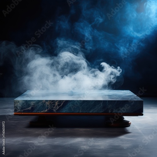 a large Blue marble coffee table in the background, in the style of smokey background, mysterious atmosphere