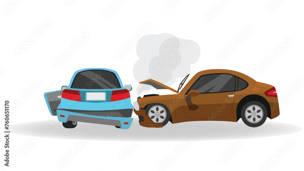 Vector or Illustration of car. Two cars in accident. Hood of sport car brown color open with smoke. Blue car side door open with back side skirt is broken. Isolated on a white background.