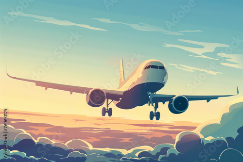 Flat airplane illustration, view of a flying aircraft.