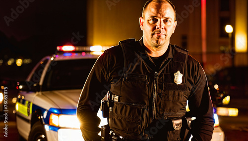 photo of middle aged police officer law enforcement standing in front of police car at night with back light, generative AI © Flash