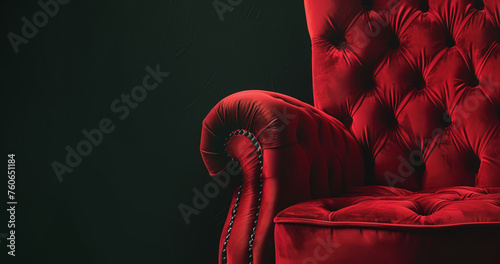 Contemporary red leather armchair stands against black background. Dark wall exudes sense of style and sophistication elevating overall aesthetic.