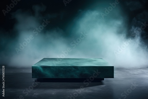 a large Cyan marble coffee table in the background, in the style of smokey background, mysterious atmosphere