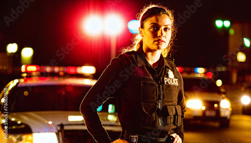 photo of adult teen new gen police officer law enforcement standing in front of police car at night with back light, generative AI
