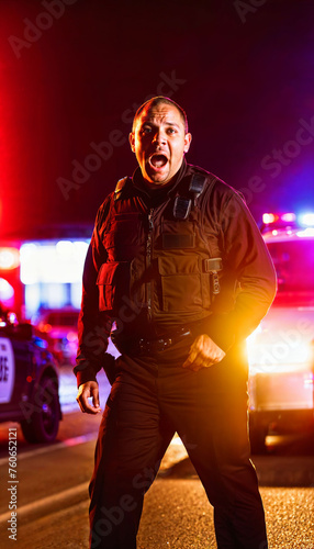 photo of police officer law enforcement standing working on scene with angry feeling at night, generative AI