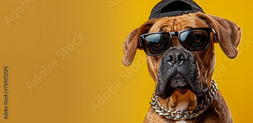 A brown dog with black sunglasses, wearing gold chain necklaces and a cap on its head