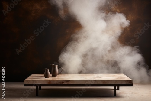 a large Ivory marble coffee table in the background, in the style of smokey background