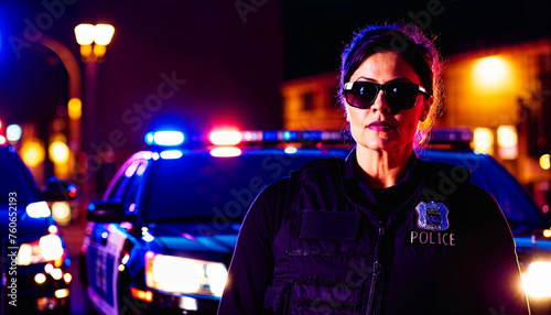 photo of police officer law enforcement standing with sunglasses at night with light in background, generative AI photo