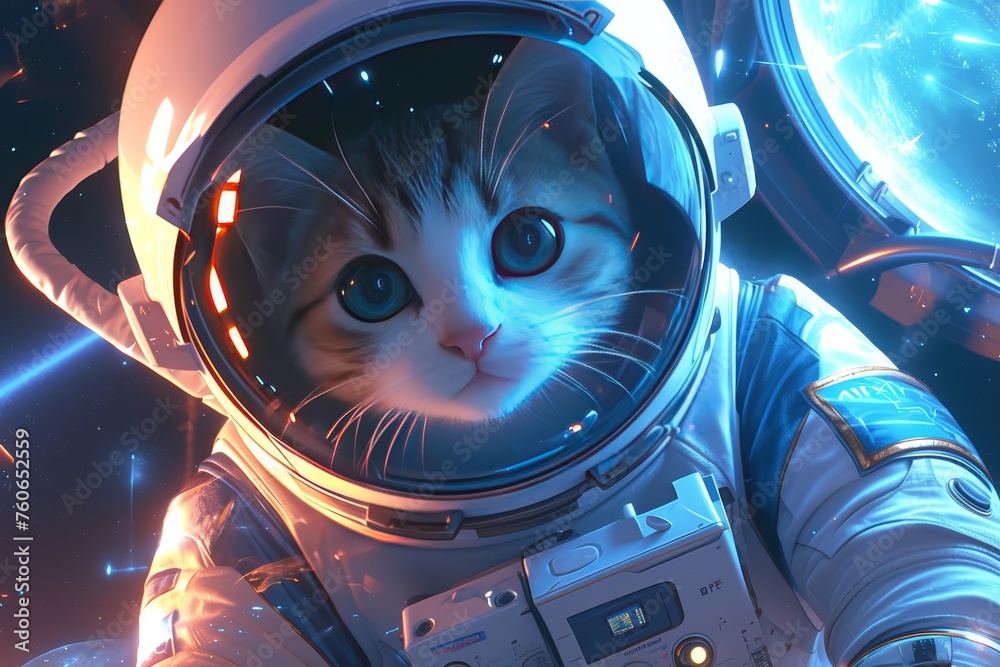 Cute astronaut cat wearing a helmet in space.