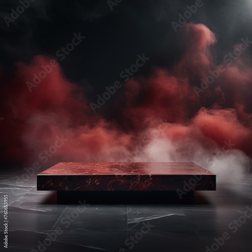 a large red marble coffee table in the background, in the style of smokey background