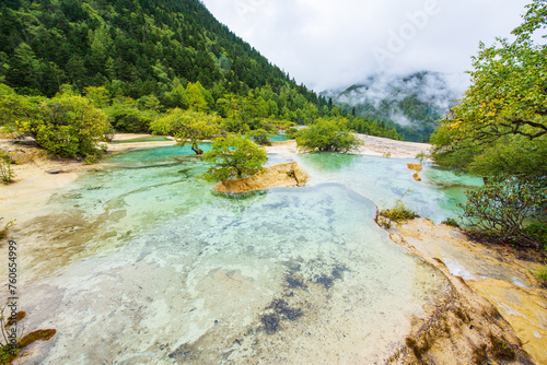 Huanglong colorful pond and spruce trees in Sichuan, China photo