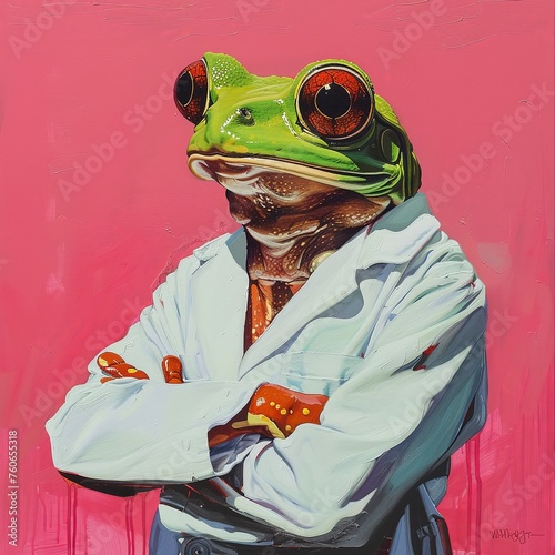 Frog in a lab coat, biology experiment, pop art