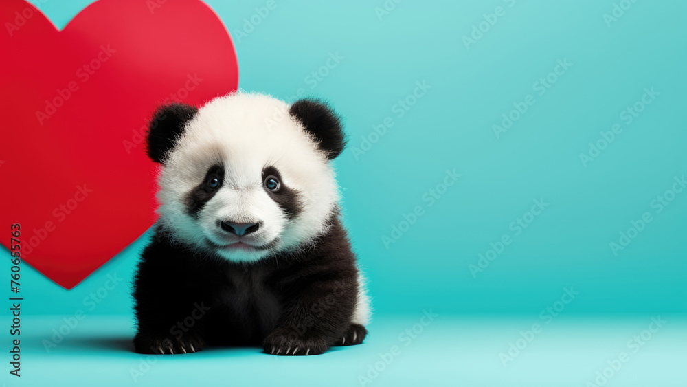 Fototapeta premium Purr-fect Love: panda on Blue Background with Heart