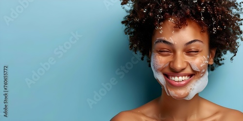 Woman enjoying cleansing routine with foaming scrub soap for radiant skin. Concept Skincare Routine, Cleansing Products, Foaming Scrub Soap, Radiant Skin, Self-Care Essentials