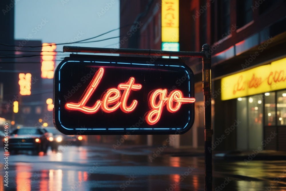 Slogan let go neon light sign text effect on a rainy night street, horizontal composition