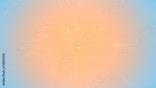 Peach fuzz and light blue gradient background with blurry radial rays explosion. Burst of shiny yellow particles. Airy dandelion flower against blue sky abstraction. Soft orange blue backdrop 8k 16:9