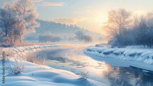A tranquil winter scene with a sun-kissed snowy landscape and a meandering river at dawn.