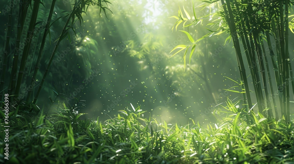 A captivating scene of morning dew dancing through the sunlit bamboo grove, creating a mystical and serene ambiance.