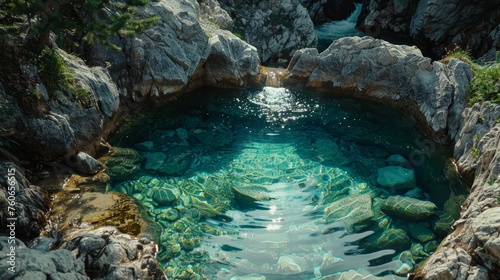 A secluded mountain spring bathed in sunlight, with crystal clear waters enclosed by textured rocks and alpine flora.