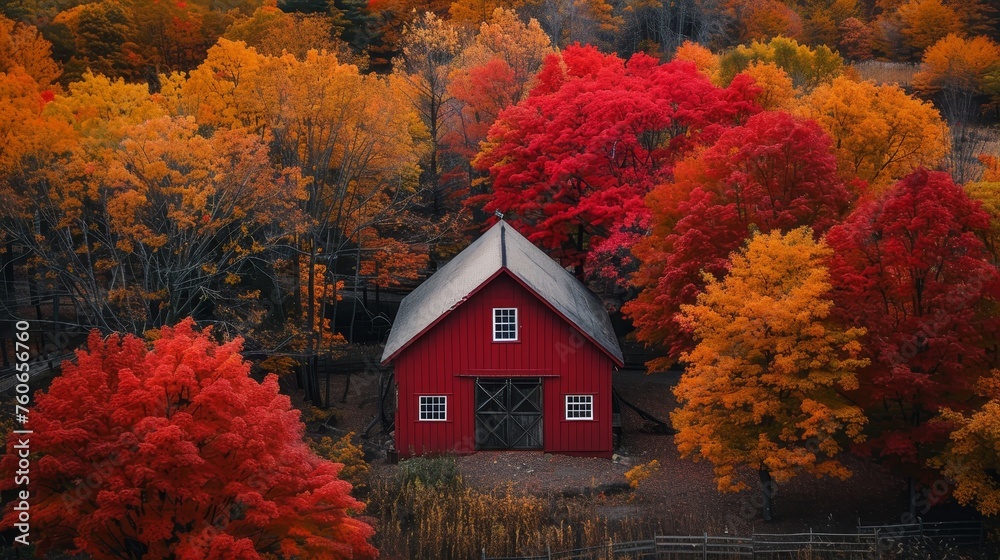 A classic red barn stands out against the breathtaking array of vibrant autumn foliage, showcasing nature's colorful transition. A classic red barn stands out against the breathtaking array of vibrant autumn foliage, showcasing nature's colorful transition.