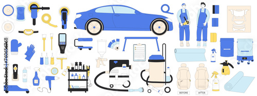 Car detailing set. Repair auto. Collection of isolated automobile service tools. Polish, wrapping waxing dry leather cleaning painting interior and exterior. Vector illustration in flat