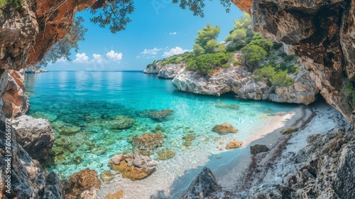 A hidden Mediterranean cove reveals a secluded beach with crystal-clear turquoise waters, framed by rugged rocks and lush foliage.