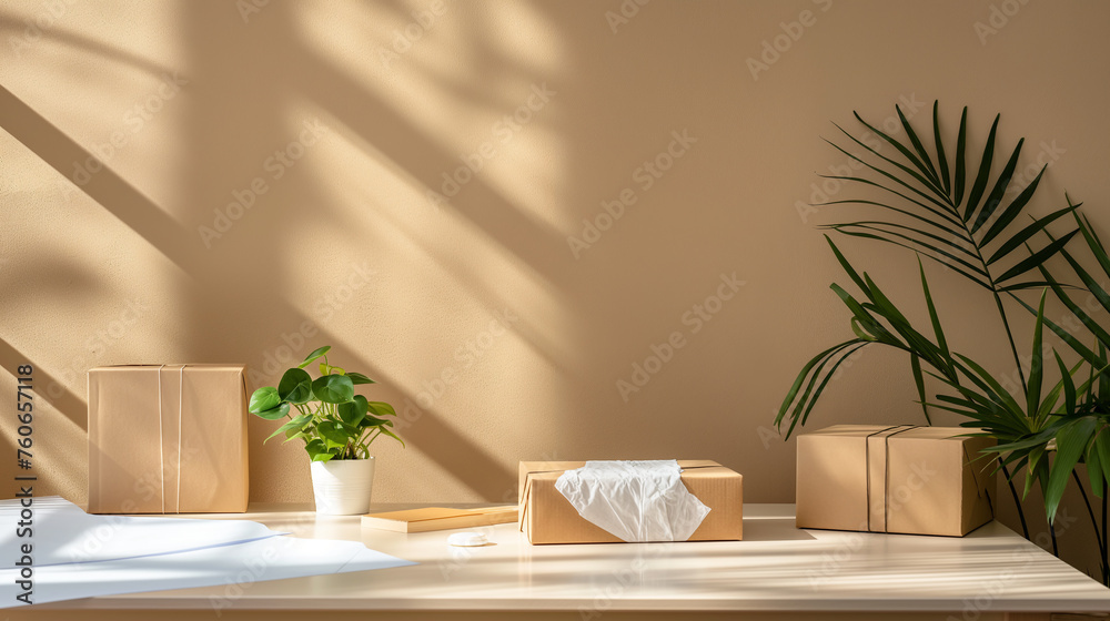 Warm Sunlight Casting Shadows on a Stylishly Organized Desk with Plants and Crafts