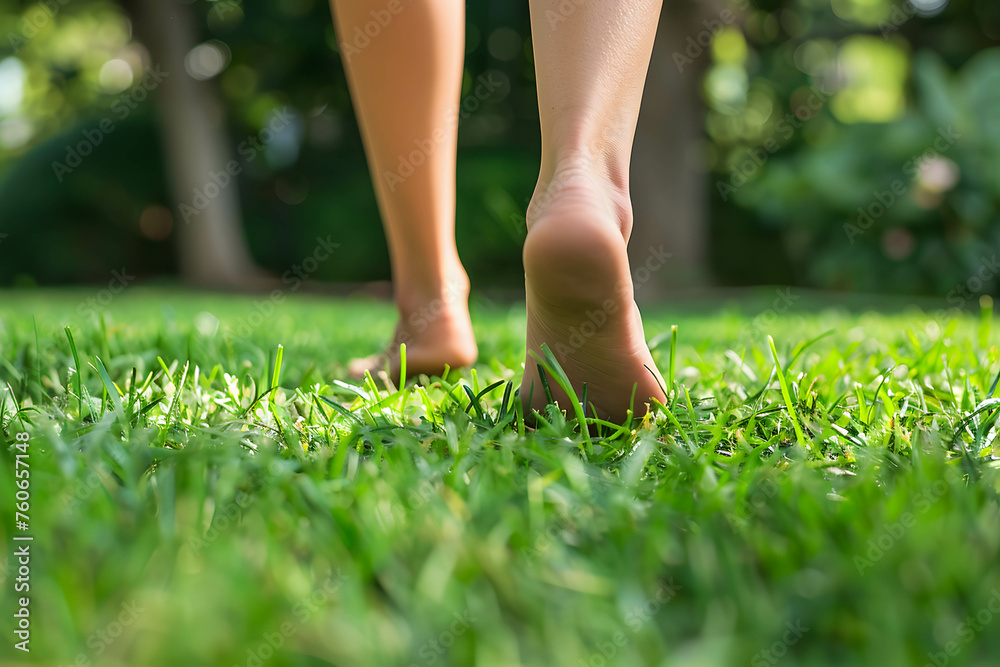 Close up of the bare feet of a person walking on the grass, therapy and reduce stress in living and investing and doing business, work life balance